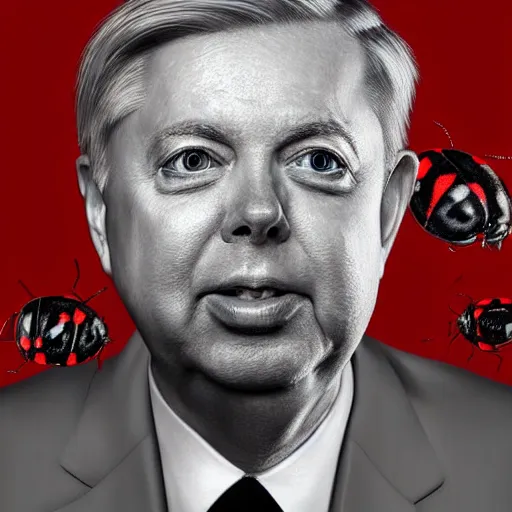 Image similar to one singular portrait of lindsey graham with ladybugs for eyes. highly detailed, digital painting, cinematics, hyper realistic. dark retrowave. by stanley lau, villeneuve, barloe