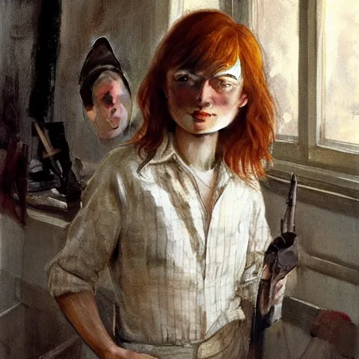 Image similar to extraordinary portrait : 4 0 - year - old sadie sink in a checked shirt, modern hairstyle. in her art studio. 1 9 9 0 s. precise detail. art by anders zorn, wonderful masterpiece by greg rutkowski, beautiful cinematic light, american romanticism by greg manchess, jessica rossier