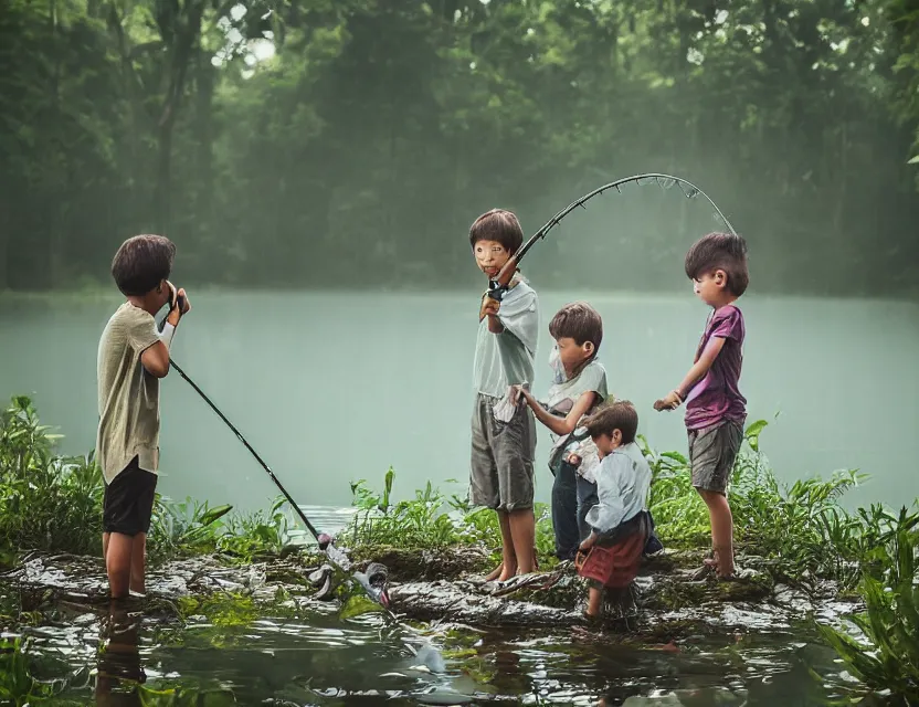 Image similar to kids fishing on a pond in the forest, ring light, smoky background, detailed, super realistic photography, sasin tipchai style