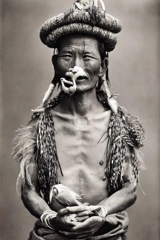 Prompt: ultra realistic vintage photo portrait of a tibetan man with a birdcage sunk in his flesh, by Annie Leibovitz,