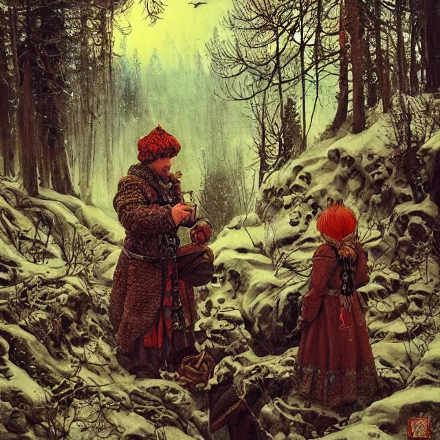 Prompt: russian folk fairytale, story, fable, dramatic, fantasy art, an ultrafine detailed painting, academic art, artstation, by pavel korin, viktor vasnetsov