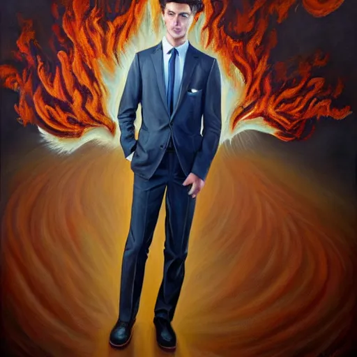 Image similar to a hyper realistic painting of a calm young man in a burning business suit, his clothes is burning, full body painting, long shot, coherent symmetrical eyes, by jeffrey smith, by andrea kowch, by steve henderson, masterpiece, trending on artstation,