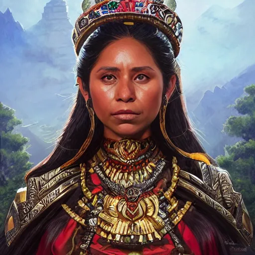 Prompt: aztec empress, Yalitza Aparicio, D&D, fantasy, portrait, highly detailed, digital painting, trending on artstation, concept art, sharp focus, illustration, art by artgerm and greg rutkowski and magali villeneuve