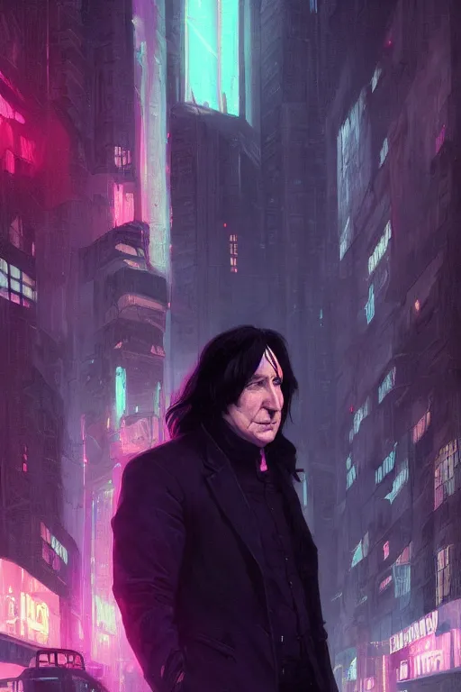 Image similar to portrait of severus snape in cyberpunk, neon lighting, night city, digital art from artstation by Ruan Jia and Mandy Jurgens and Artgerm and william-adolphe bouguereau and Greg Rutkowski