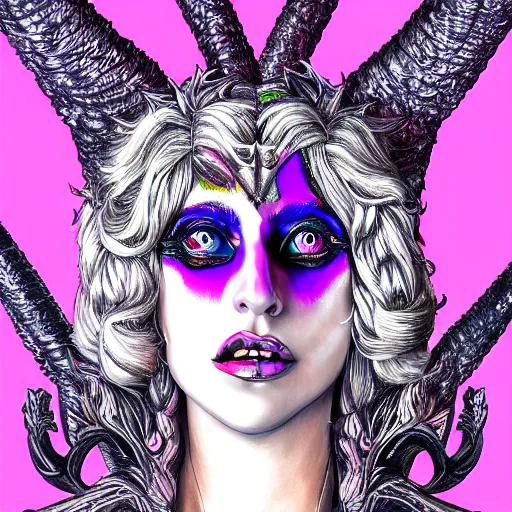 Image similar to an extremely psychedelic portrait of lady gaga as baphomet, surreal, lsd, face, detailed, intricate, elegant, lithe, highly detailed, digital painting, artstation, concept art, smooth, sharp focus, illustration,