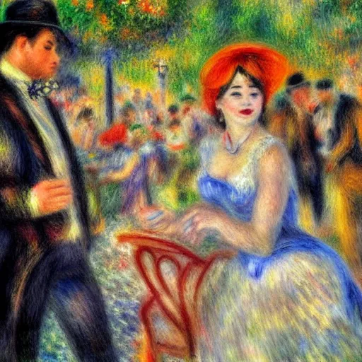 Image similar to Bal du moulin de la Galette, set in 2022 Paris. Impressionist painting, Renoir style.