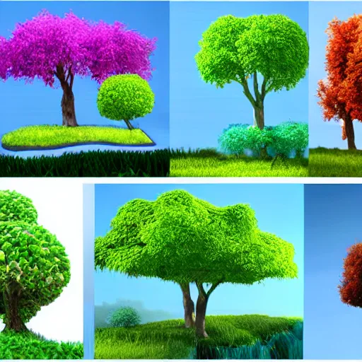 Image similar to collection of 3 d cartoon trees, different sizes, different colours, different heights, river, island terrain, blue sky