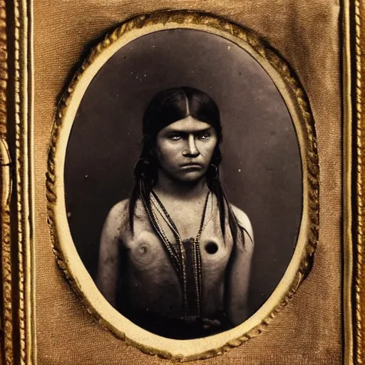 Image similar to victorian photo portrait of Predator and a native american warrior girl, 1825