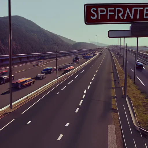 Prompt: of a advertisement with a scene of a highway with words written on the road in front of the viewer, occlusion shadow, specular reflection, rim light, unreal engine, octane render, artstation, art jiro matsumoto, high quality, intricate detailed 8 k, sunny day