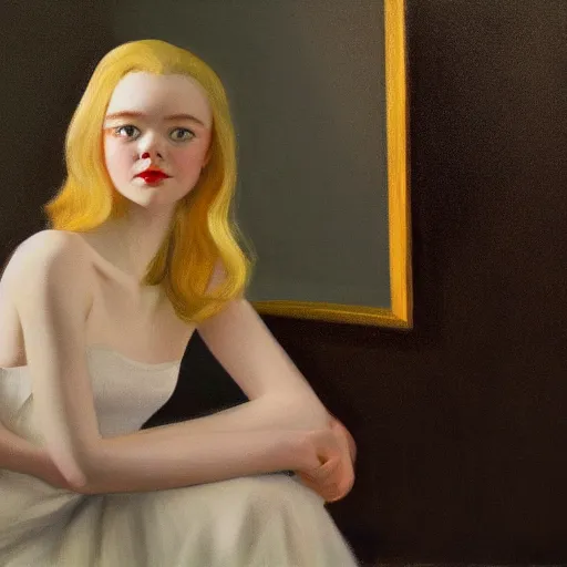 Prompt: Painting of Elle Fanning in a 60s ad, long blonde hair, delicate, pale milky white porcelain skin, by Edward Hopper. 8K. Extremely detailed.