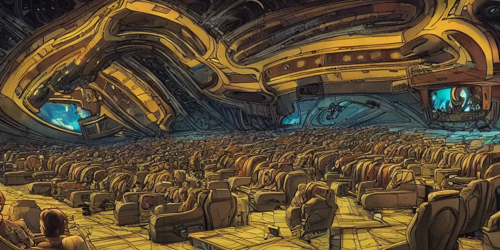 Prompt: a person in a cinema viewing 6 screens at the same time, giant cinema, futuristic cyberpunk, incredible architecture, by moebius and mohrbacher, masterpiece of futuristic art,