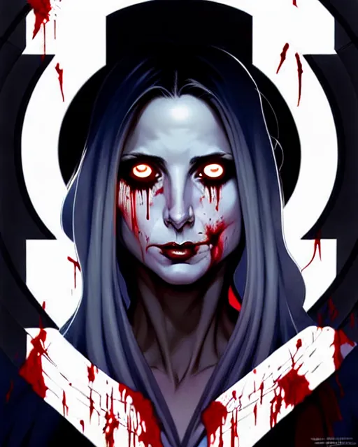 Prompt: artgerm, joshua middleton comic cover art, pretty ghost sarah michelle gellar full body, creepy smile, covered in blood, symmetrical eyes, symmetrical face, long white hair, inside haunted house