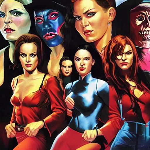 Image similar to portrait of an outlaw female gang, by alex ross.