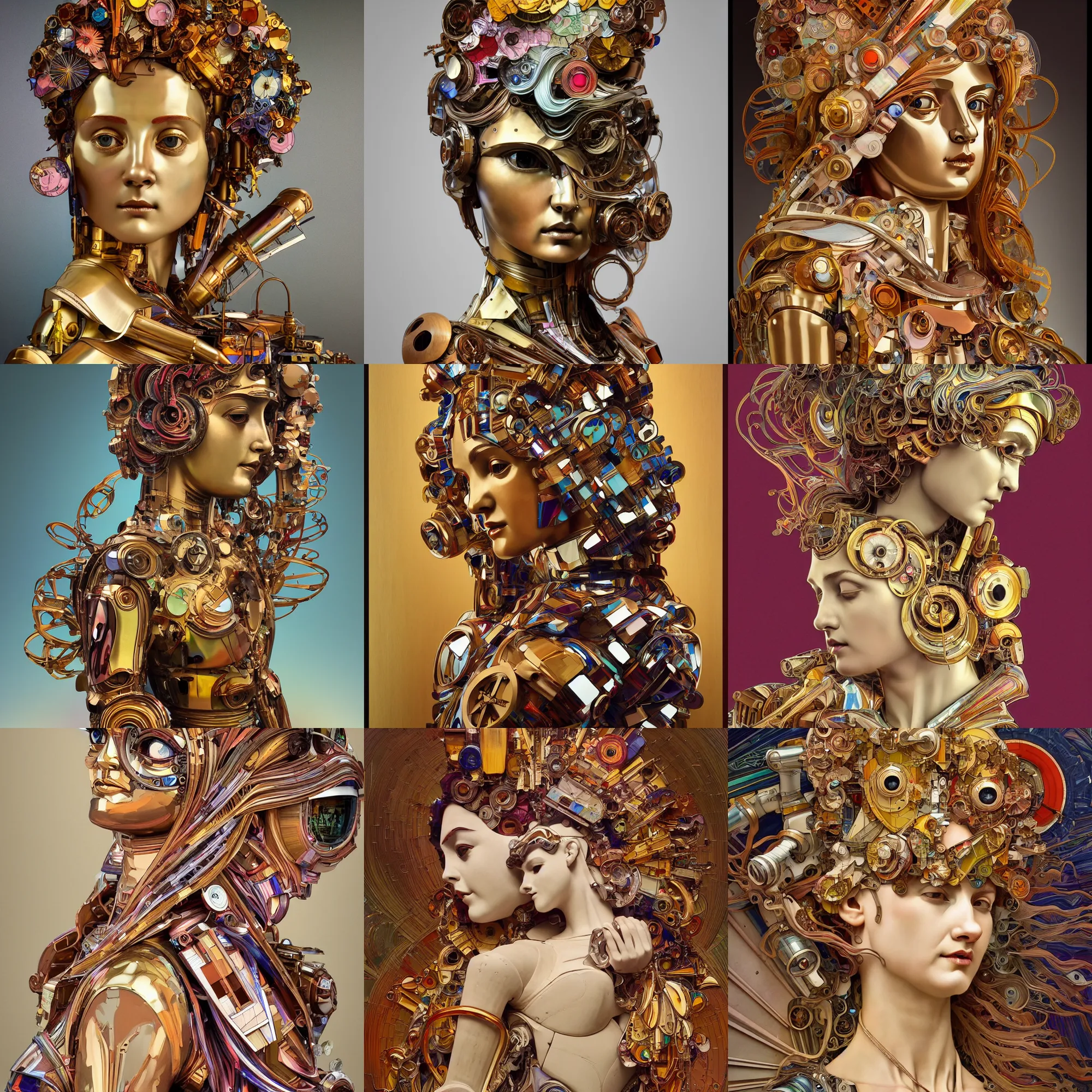 Prompt: vibrant ultra clear wooden sculpture of beautiful cute robot roman god by sandra chevrier ron english alphonse mucha, cybernetics, low contrast, cinematic dramatic lighting, hyper realistic render, hypermaximalist, epic composition, 4 k 8 k, cryengine octane blender, sharp focus, concept art, masterpiece of art