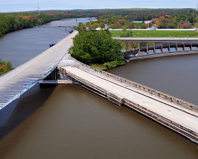 Prompt: liverpool ny onondaga parkway bridge with a semitruck stuck under it