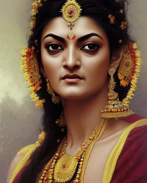 Image similar to Sushmita Sen as a beautiful Hindu Goddess, gorgeous, portrait, Symmetrical, powerful, intricate, beautiful, masterpiece, elegant, volumetric lighting, highly detailed, digital painting, hyper-realistic, artstation, sharp focus, no blur, illustration, William-Adolphe Bouguereau , ruan jia