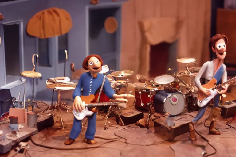 Prompt: aardman claymation scene of rush playing live on stage