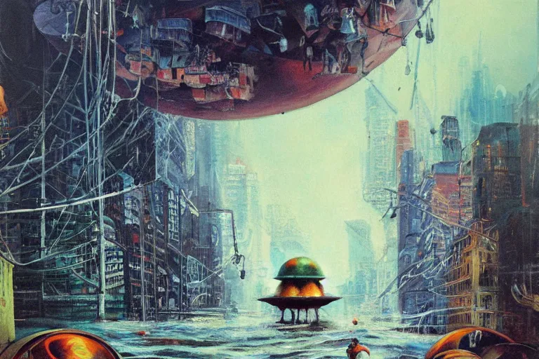 Prompt: river boats speeding between spherical tree houses on flooded streets of new york painting by ( ( ( ( ( ( ( ( ( h. r. giger ) ) ) ) ) ) ) ) ) and paul lehr