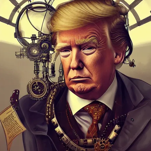 Image similar to donald trump as a steampunk cyborg, portrait, western, steampunk, duster, fantasy, intricate, elegant, highly detailed, digital painting, artstation, concept art, sharp focus, illustration, art by artgerm and greg rutkowski and alphonse mucha