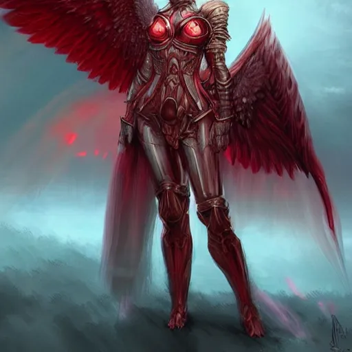 Prompt: woman - unicorn hybrid red angel - wings, stunning, thick armor that covers everything, shocked very wide open eyes very open eyes, realistic, symmetric portrait, face, intricate, very detailed, fantasy digital art, trending in artstation, marc simonetti