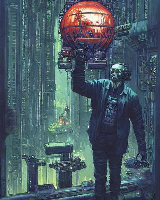 Image similar to a painting of a man holding a machine in his hands, cyberpunk art by les edwards and by michael whelan and by dan mumford, cgsociety, neoplasticism, lovecraftian, future tech, circuitry