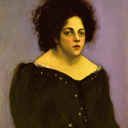 Prompt: portrait of a purple witch with golden embroidery, by gustave courbet.