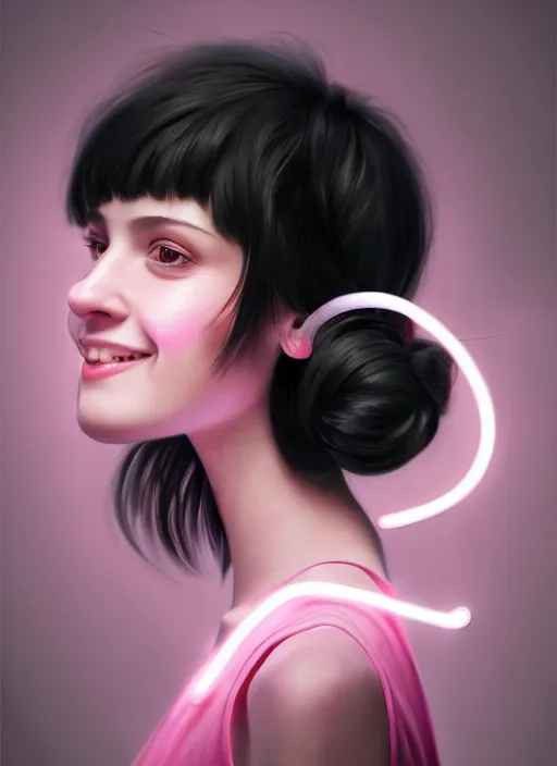 Image similar to portrait of high school girl, realistic, black hair, bangs, half updo hairstyle, pointy nose, skinny, smile, ugly, defined jawline, big chin, pink hair bow, earrings, intricate, elegant, glowing lights, highly detailed, digital painting, artstation, sharp focus, illustration, art by wlop, mars ravelo and greg rutkowski