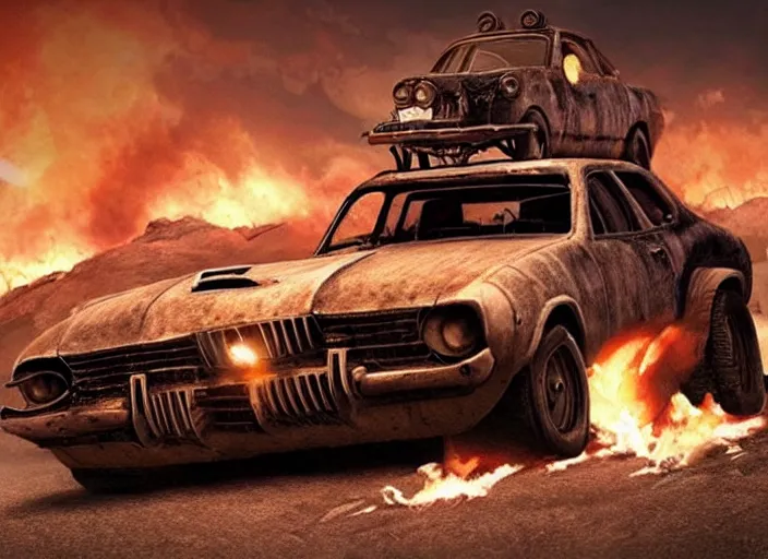 Prompt: mad max car jumping over fire