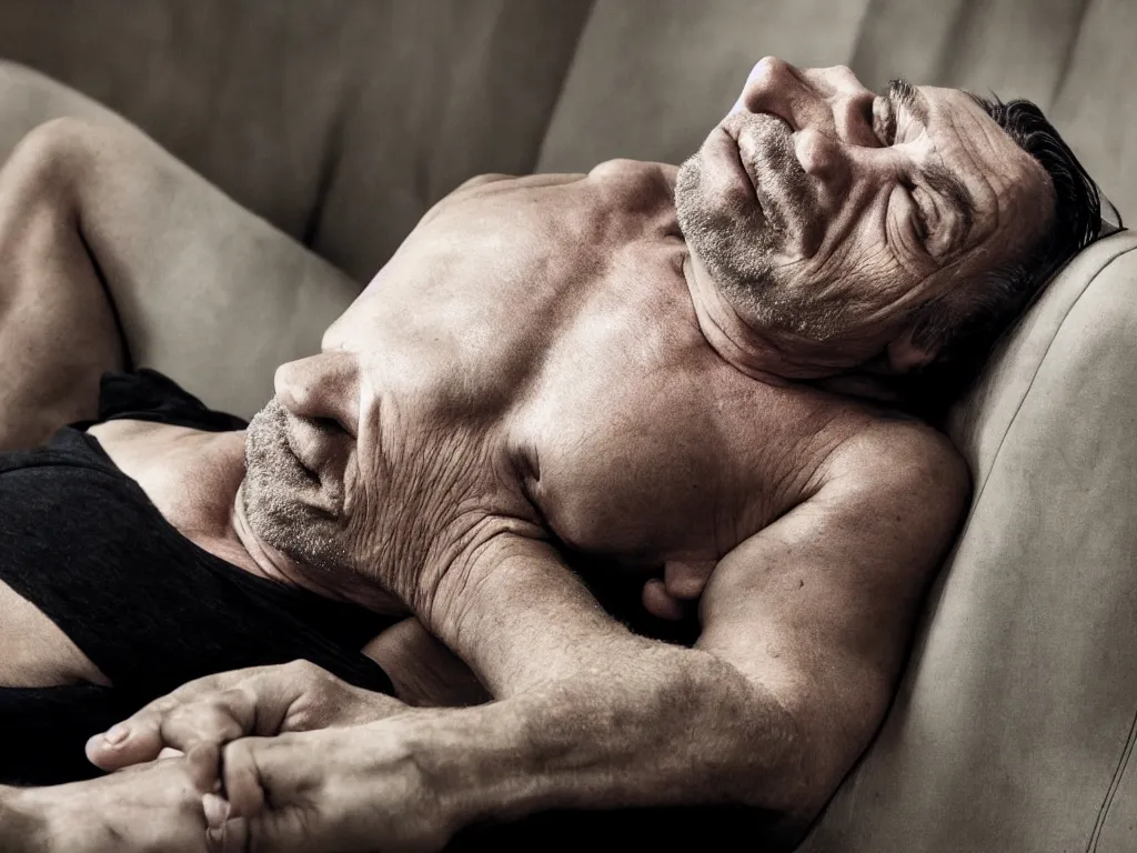Prompt: close - up photo of a till lindemann on the couch by steve mccurry, photorealistic, wide lens, 4 k, trending on artstation