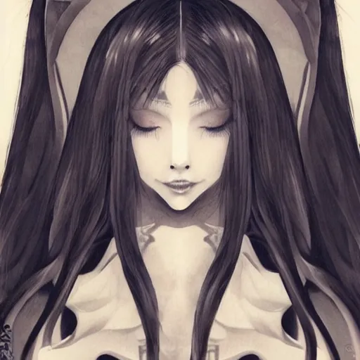 Image similar to tattoo design, stencil, beautiful young female, long dark hair, symmetrical facial features, Japanese, partially clothed in robe, by William-Adolphe Bouguerea and artgerm