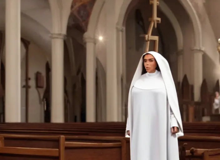 Image similar to a movie still of kim kardashian as a nun with her bust slightly showing. backround : church interior
