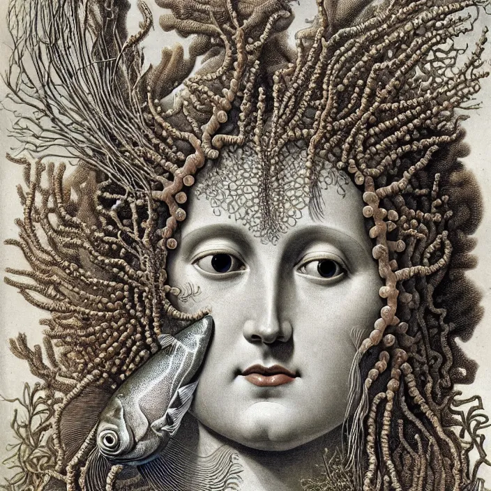 Prompt: realistic detailed face portrait of the goddess of the fish of the three times with an intricate headdress of corals, sea kelp, sea plants, fish, jellyfish, art by ernst haeckel, archimboldo, face in focus, neo - gothic, gothic,