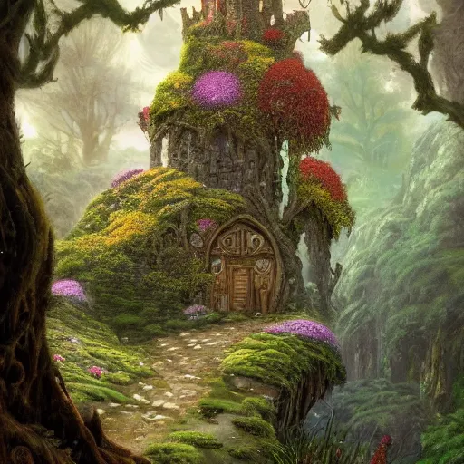 Image similar to A beautiful digital painting of a fantasy castle tower standing alone in the wood covered in flowers, mushrooms and moss with a door and windows and a front path and garden in the shire by Stanley Artgerm Lau, frank frazetta, Rossdraws, James Jean, gerald brom, Andrei Riabovitchev, Marc Simonetti, and Sakimichan, trending on artstation, SFW version