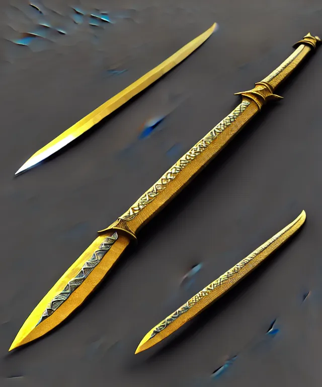 Image similar to very large detailed long sword, proportional image, clean background, 3 d octane render, blade, sharp, gold, gems,