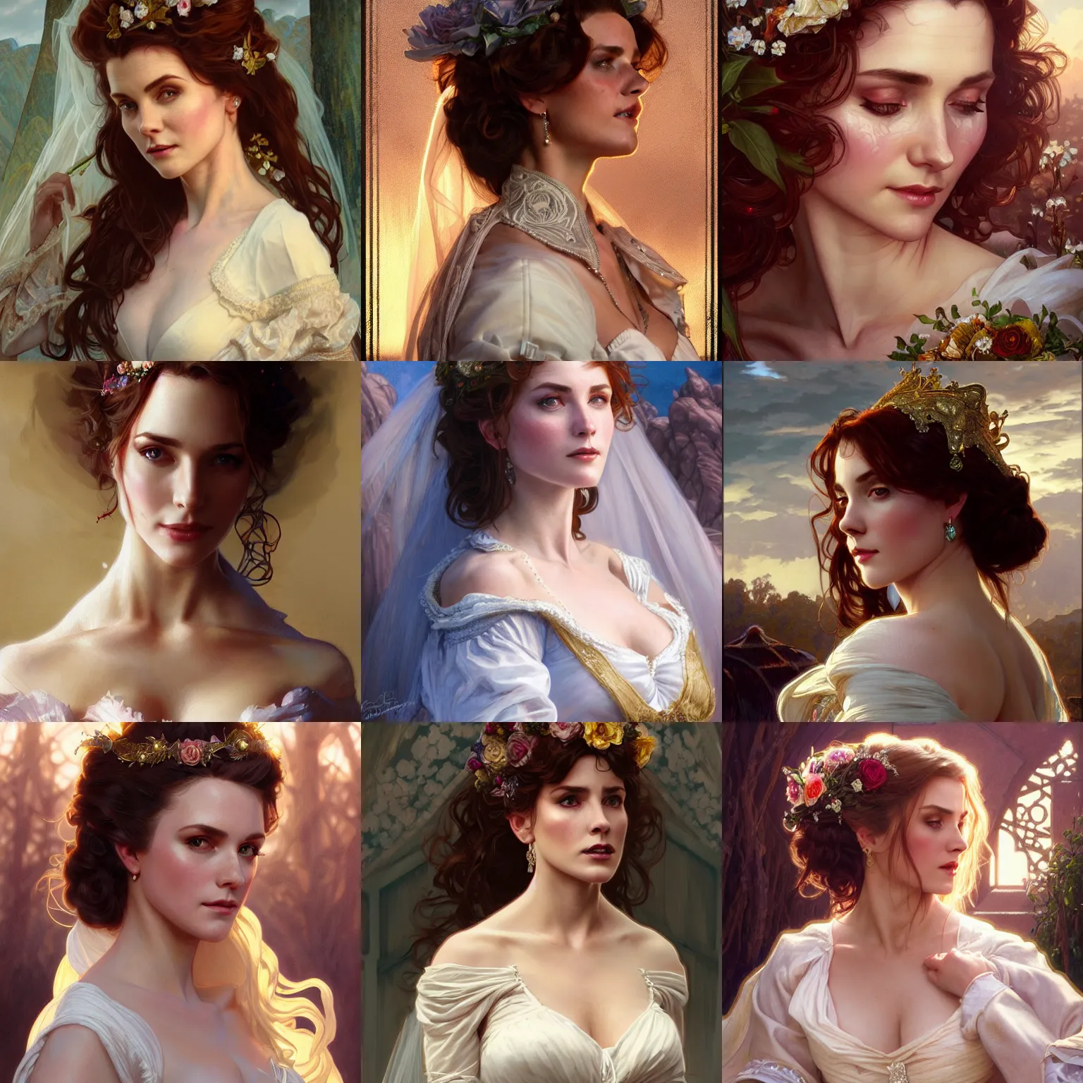 Prompt: beautiful Kate O'Hara from Desperados in a wedding dress, western, closeup, D&D, fantasy, intricate, elegant, highly detailed, digital painting, artstation, concept art, matte, sharp focus, illustration, art by Artgerm and Greg Rutkowski and Alphonse Mucha