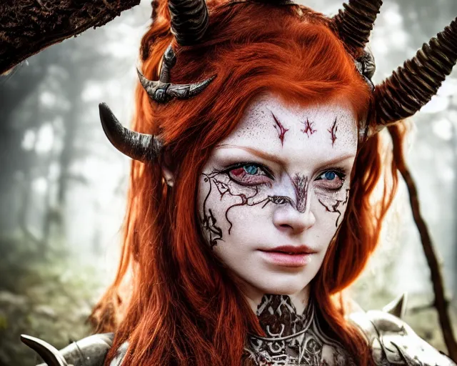 Image similar to 5 5 mm portrait photo of an armored gorgeous anesthetic redhead woman warrior with a face tattoo and horns growing from her head, in a magical forest. by luis royo. highly detailed 8 k. intricate. lifelike. soft light. nikon d 8 5 0. cinematic post - processing