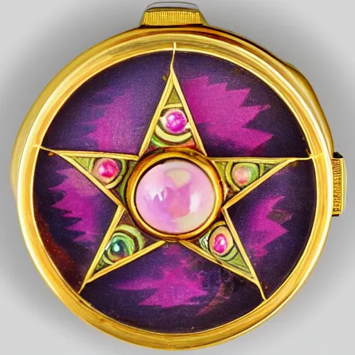 Prompt: a photo of the lid of a circular, pink cloisonné vintage powder compact with an inlaid gold pentagram that has a different colored gem at each point and a large, round cabochon in the middle encircled by a gold crescent moon inlay.