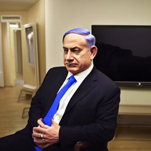 Image similar to Benjamin netanyahu watching the tv, photojournalism new york times