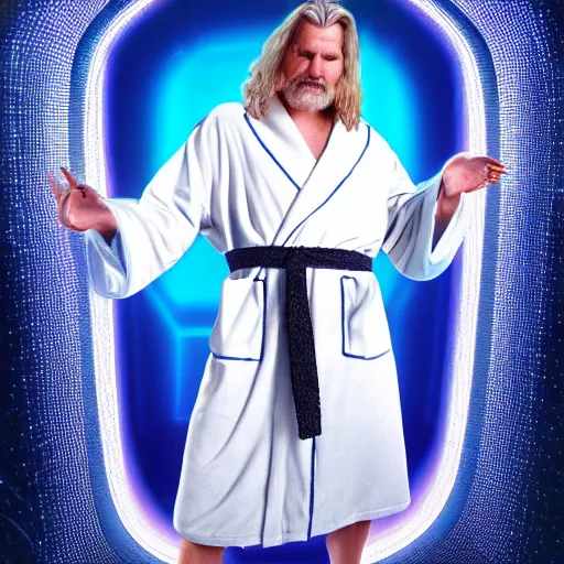 Prompt: dude lebowski dressed in bathrobe played by jeff bridges, stuck in tron realm, photorealistic movie still, detailed 8 k, poster style, high resolution