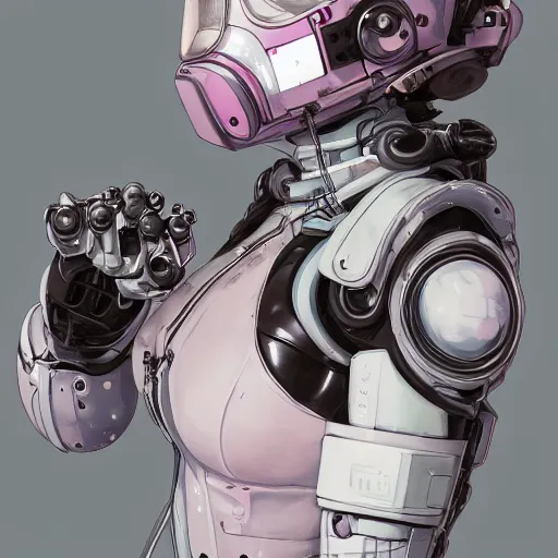Prompt: highly detailed portrait of a post-cyberpunk robotic young lady with space helmet and wired cybernetic face modifications, skull face, robotic limbs, by Akihiko Yoshida, Greg Tocchini, Greg Rutkowski, Cliff Chiang, 4k resolution, persona 5 inspired, pristine white, pink, brown and black color scheme with sparking stray wiring
