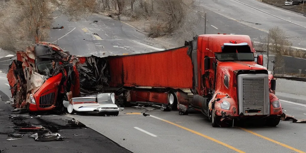 Image similar to photo of a semi - trailer truck damaged from excessive # splafluting, trending on artstation.