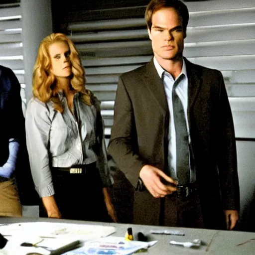 Prompt: dexter morgan on the x - files with dana sculls and fox milder