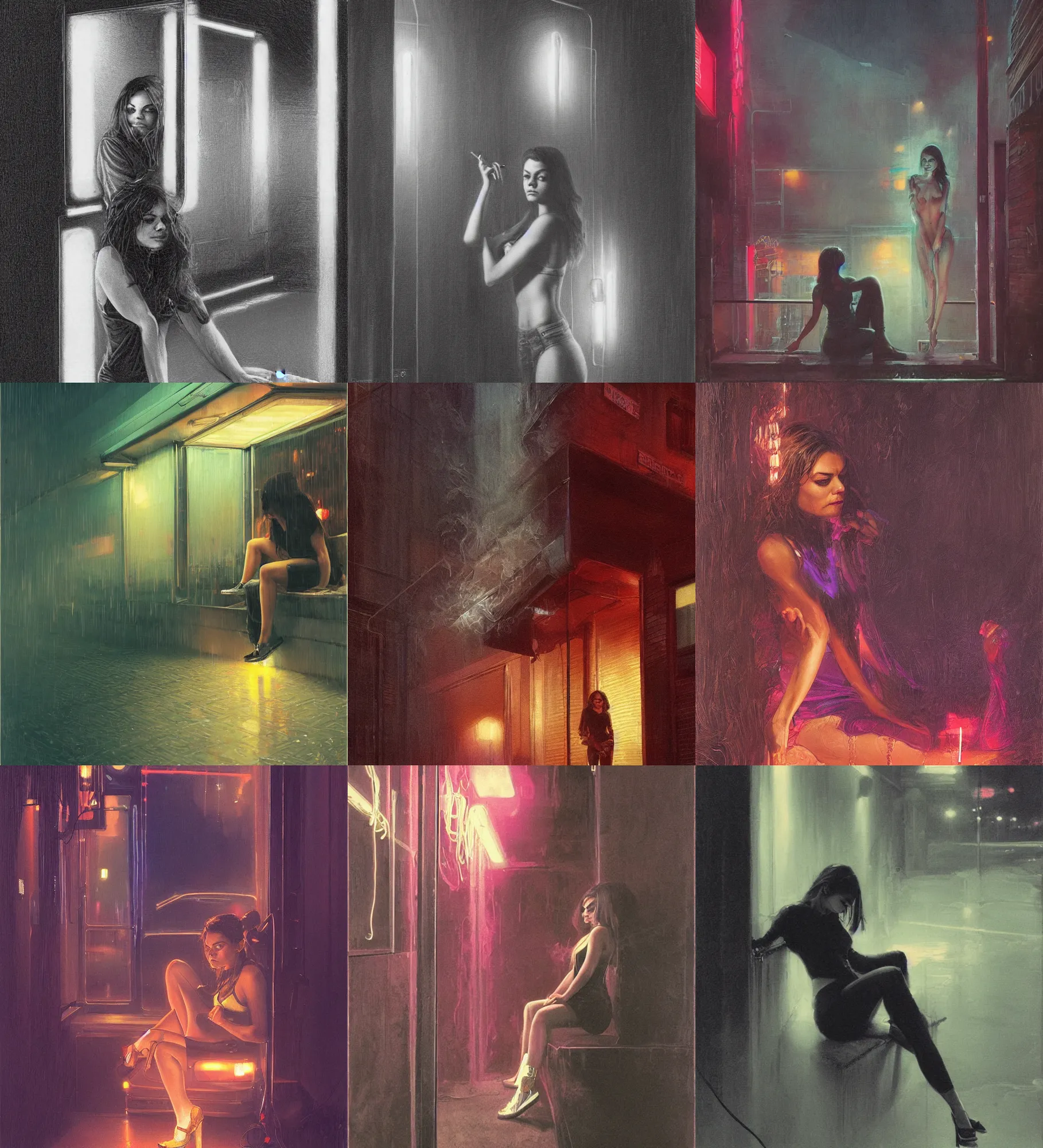 Image similar to foggy neon night, mila kunis leaning back against a wall smoking a cigarette outside a neon lit entrance, 1 9 7 0 s, intricate, moody, tasteful, intimate, highly detailed, short focus depth, artgerm, donato giancola, joseph christian leyendecker