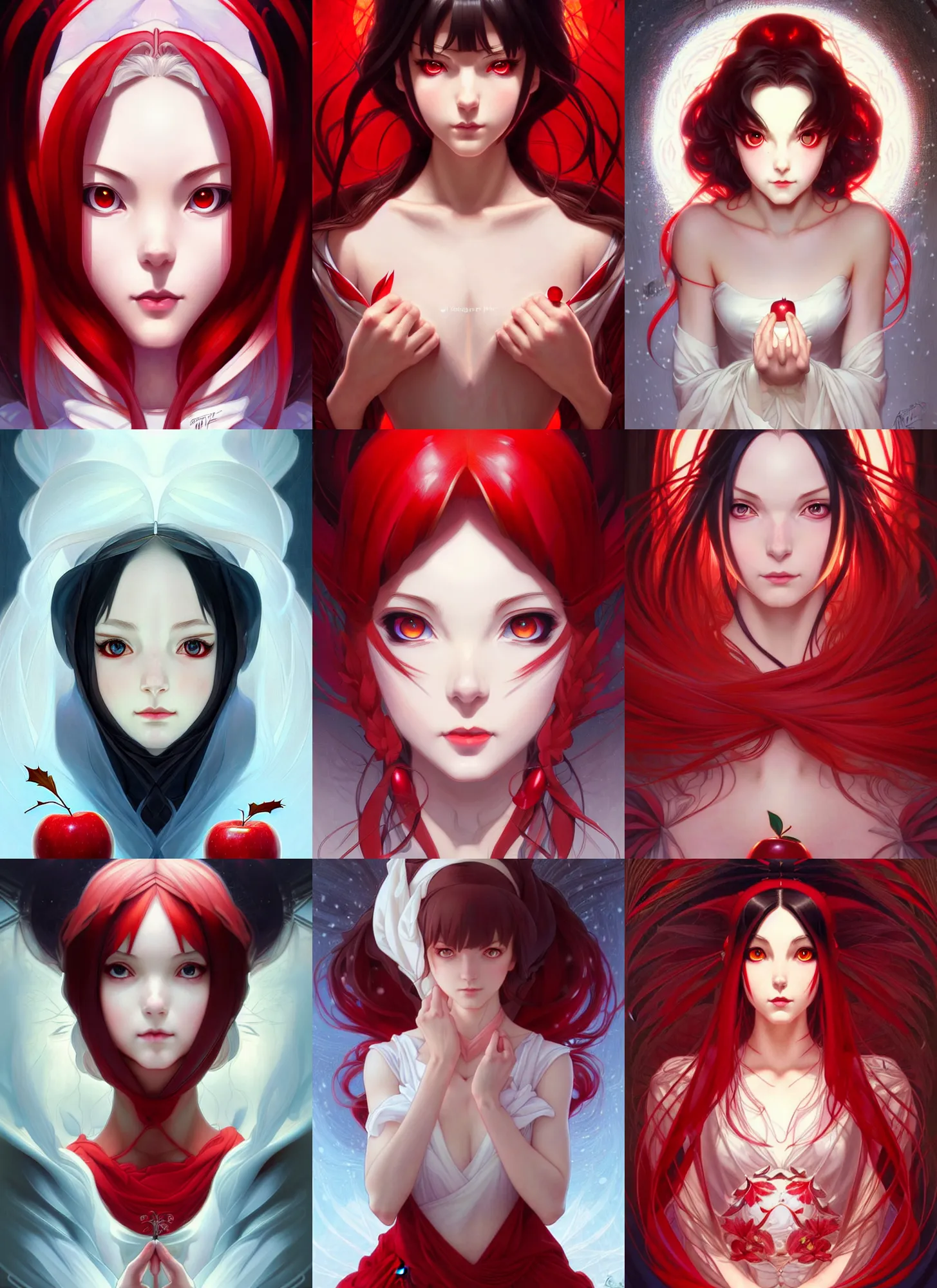 Prompt: symmetry!! portrait of an enigmatic anime snow white girl, red apple, anime, fairy tales, expressive eyes!! intricate, elegant, highly detailed, digital painting, artstation, concept art, smooth, sharp focus, illustration, art by artgerm and greg rutkowski and alphonse mucha