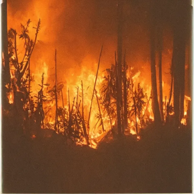 Prompt: field of cannabis burning on fire at night, forest fire, polaroid