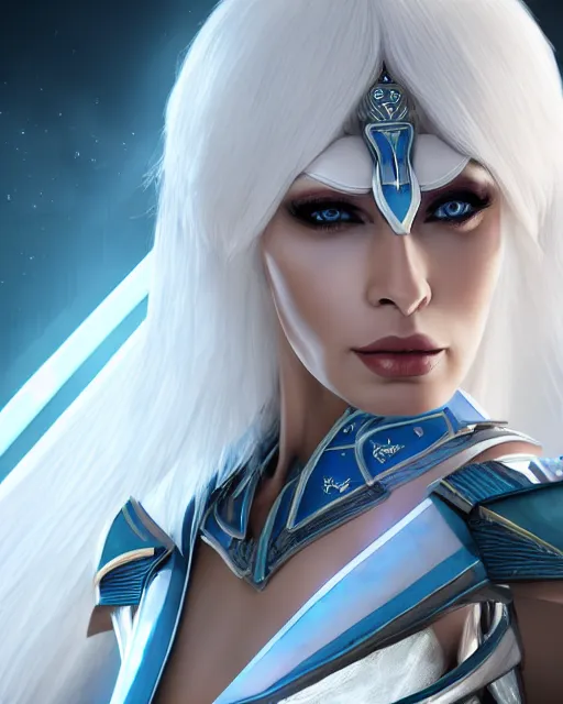 Image similar to perfect white haired attractive egyptian goddess, warframe armor, beautiful, symmetric, dreamy, half asian, pretty face, blue eyes, joanna lumley, detailed, scifi platform, laboratory, experiment, 4 k, ultra realistic, epic lighting, android body, illuminated, cinematic, masterpiece, art by akihito tsukushi, voidstar