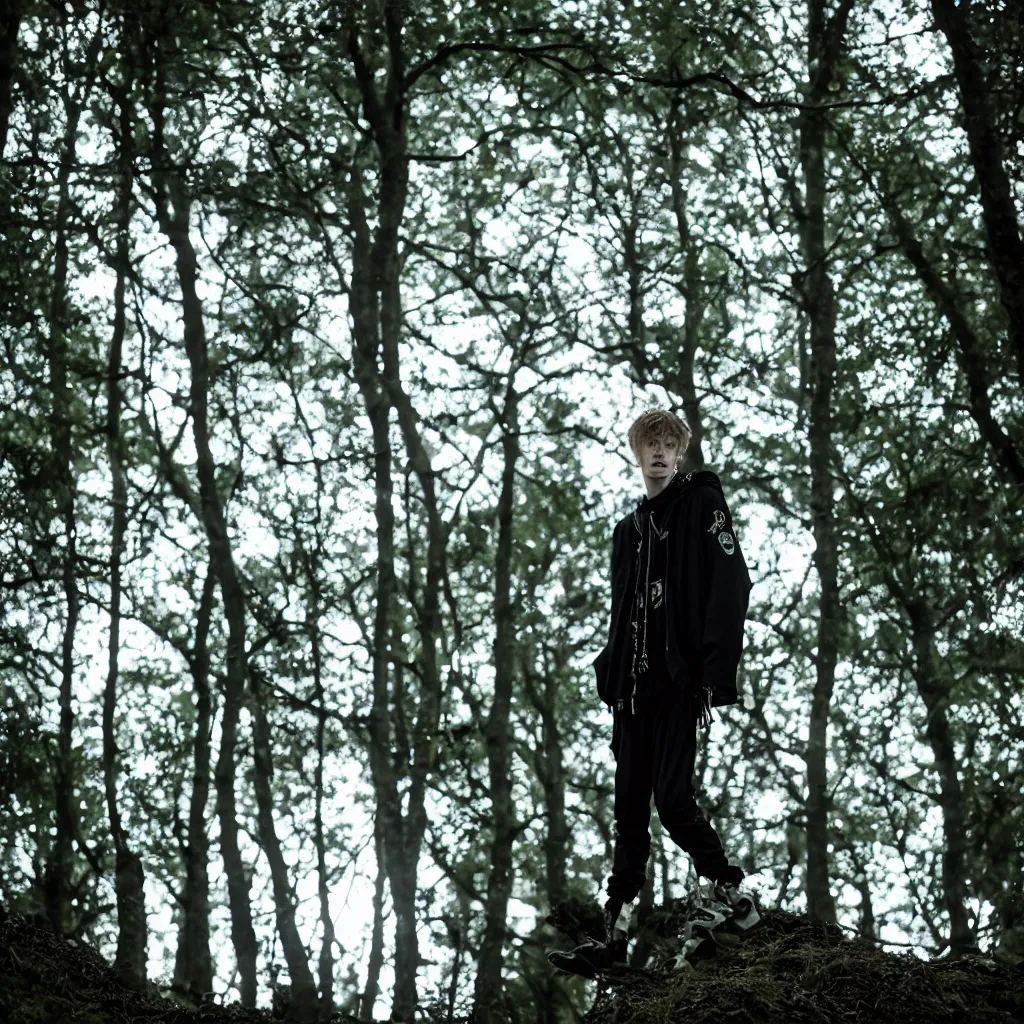 Image similar to cinematic still of bladee in dark forest, XF IQ4, f/1.4, ISO 200, 1/160s, 8K, RAW, dramatic lighting, symmetrical balance, in-frame