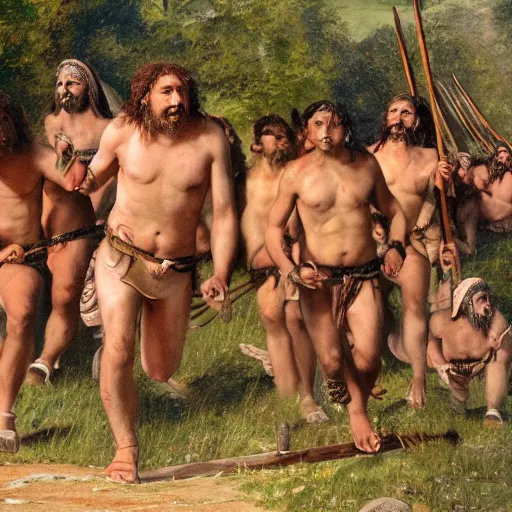 Prompt: a group of neanderthals with very little clothing running towards a roman legion.