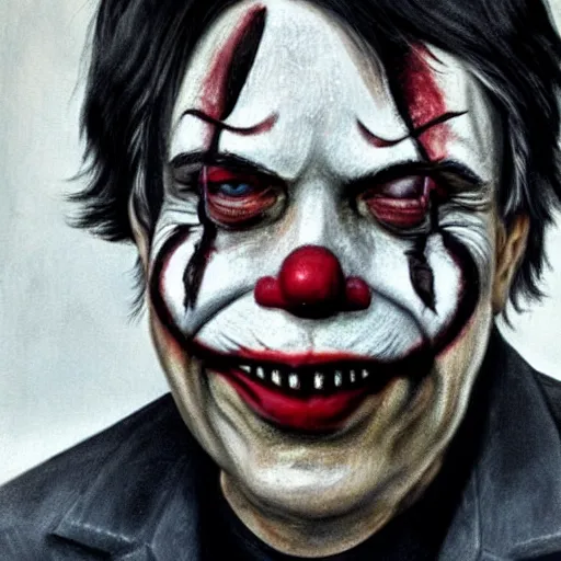 Image similar to a portrait of stephen king with clown makeup on