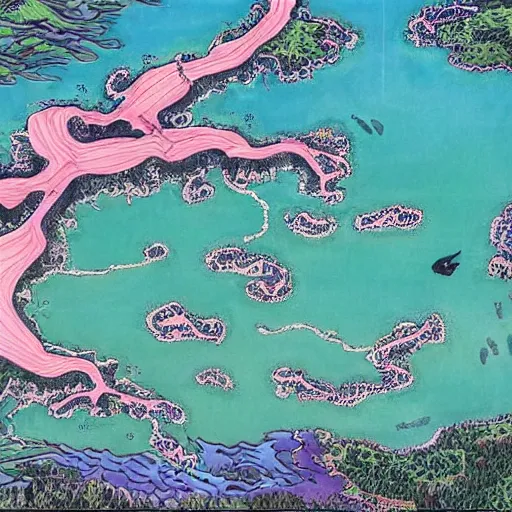 Image similar to a beautiful painting of a lake with many islands connected by bridges by hirohiko araki, detailed line art, jojos bizarre adventure